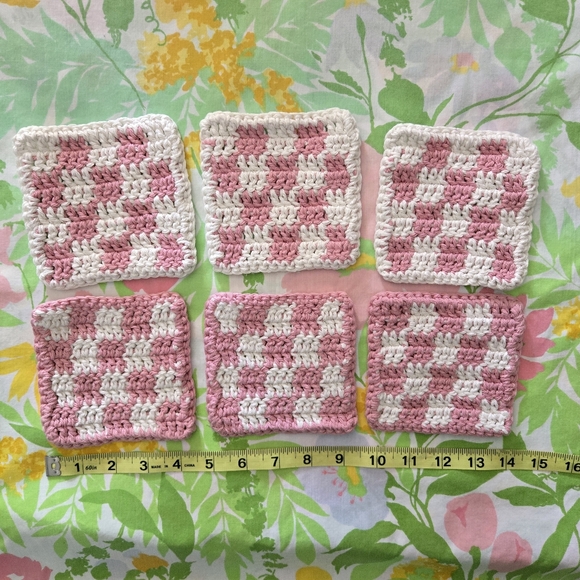 Handmade Crochet Checkered Coasters-Set Of 6 - Picture 3 of 3